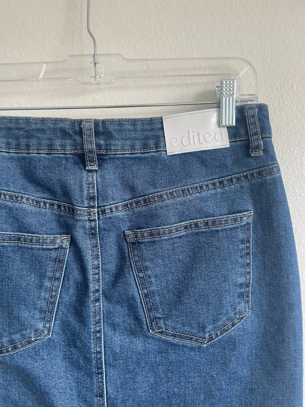 Edited x Hunter McGrady Denim Midi Skirt High Rise Front Slit Stretch Blue - 2